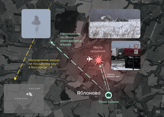 Геолокация места съемки (50.852, 37.359) и точки крушения (50.881, 37.346) из <a href="https://twitter.com/CITeam_en/status/1750089033768960199" rel="noopener noreferrer" target="_blank">видео</a> падения. Азимут определен по визуальным маркерам, дальность — по задержке звукового сигнала с учетом погодных условий. Данные захода на посадку приведены <a href="https://vatrus.info/files/caiga/ANI_Official/Aip/aipsource1/aip/ad/ad2/uuob/1-ad2-rus-uuob-055.pdf" rel="noopener noreferrer" target="_blank">здесь</a>